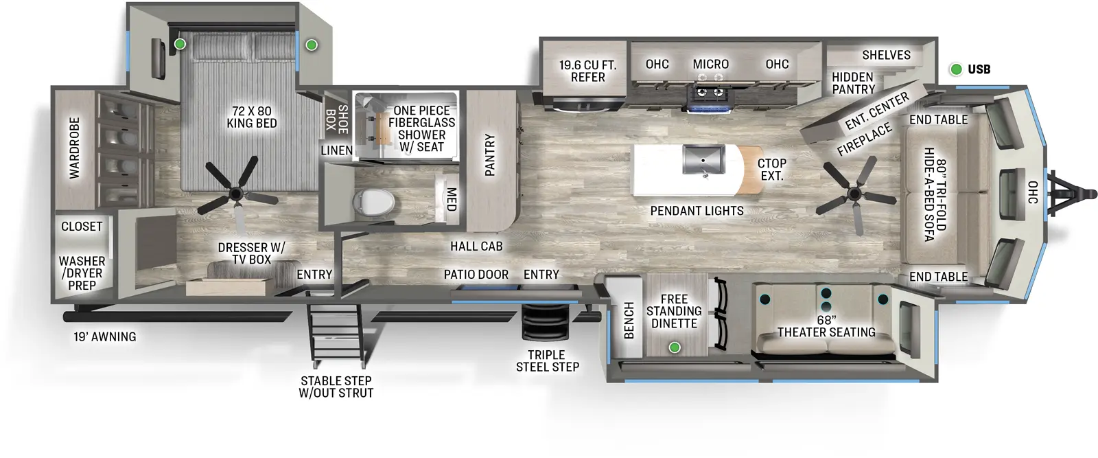 The Sierra Destination 401FLX floorplan has two entries and three slide outs. Exterior features include: fiberglass exterior and 19' awning. Interiors features include: kitchen island, free-standing dinette option, rear bedroom and front living.